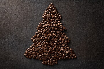 Coffee beans forming christmas tree on dark background