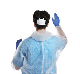 Modern technology. Doctor in headset using virtual screen on white background, back view