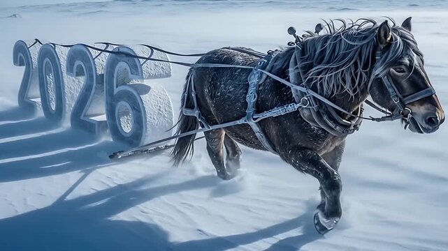 Horse moving trough snow field and pulling "2026" numbers, Chinese new year zodiac symbol