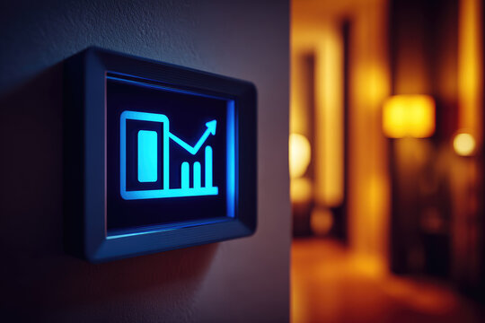 Smart energy meter display in modern home interior showing data and efficiency with glowing blue screen and futuristic design for energy management and savings