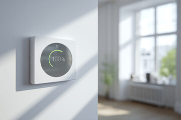 Smart energy meter on white wall in modern home showing 100 percent efficiency, sunlight streaming through window, clean and minimal interior design