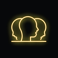 Neon yellow icon of three human heads in profile is glowing on a black background