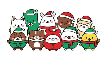 Holiday Animal Gathering: A cheerful collection of adorable animal characters wearing festive holiday attire. Perfect for adding a touch of whimsy and joy to any holiday project.