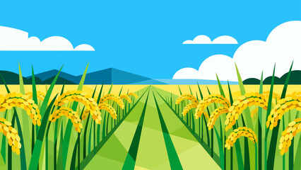 This bright, flat-style illustration depicts a lush green rice field under a sunny blue sky with clouds, backed by distant mountains, capturing a peaceful rural agricultural landscape.