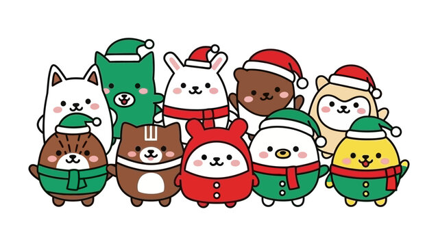 Holiday Animal Gathering: A cheerful collection of adorable animal characters wearing festive holiday attire. Perfect for adding a touch of whimsy and joy to any holiday project.