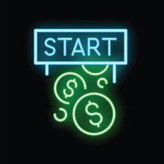 Neon icon of green dollar coins falling from starting line with start inscription