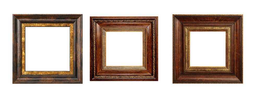 Three antique ornate rectangular wooden picture frames with gilded details isolated on transparent background
