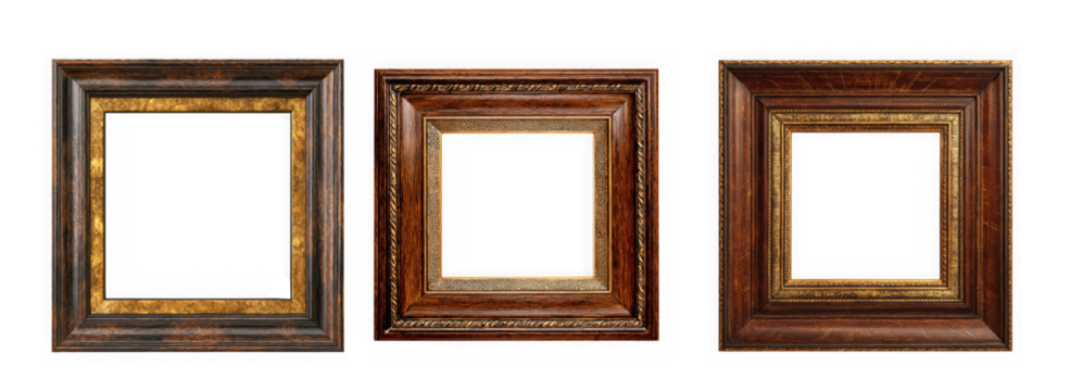 Three antique ornate rectangular wooden picture frames with gilded details isolated on transparent background