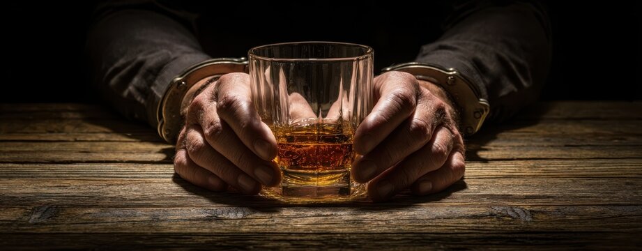 The Whiskey Glass Clutched by Handcuffed Hands on Rustic Table
