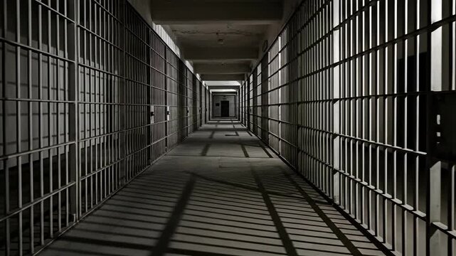 Long, dark prison corridor with rows of cell bars and shadows.