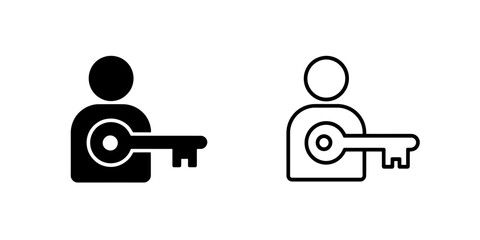 Two icons showing a person holding a key in black and white outlines style