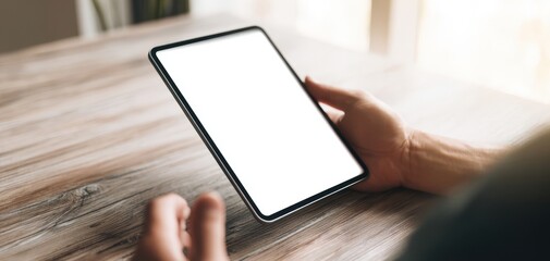 The tablet with blank screen held by hands over wooden desk in modern office