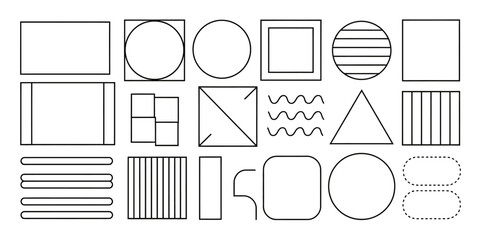 Geometric shapes in black outline including circles squares and rectangles
