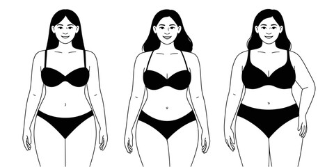 Three women in black lingerie standing side by side in a line drawing style
