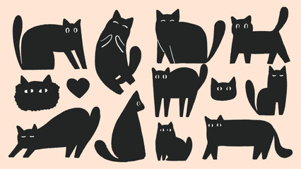 Vector different  black cat set. Hand drawn various pet. Doodle funny animal. Halloween traditional symbol. Graphic design elements.
