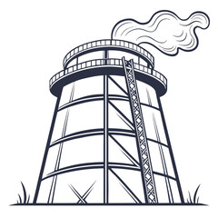 Industrial cooling tower emitting smoke against a white background in a stylized graphic illustration
