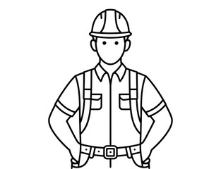 Outline illustration of a construction worker with hard hat and suspenders
