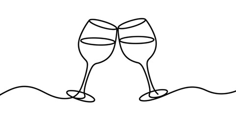 Line drawing of two wine glasses toasting on a white background simple art