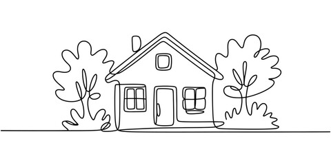 Continuous line drawing of a house with trees on either side of the house