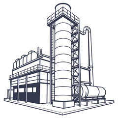 Industrial factory building with tall silo and storage tanks in a simplified line art style