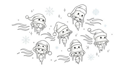 Whimsical winter spirits: A collection of charming spirits wearing Santa hat flutter amidst snowflakes and wind, spreading holiday cheer with their cute faces and ethereal form.