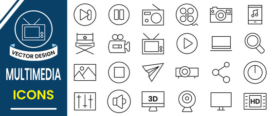 Multimedia icon set. Production icon, Cinema line icon, vector set collection. Containing camera, play, pause, production, player, media, online video, live, movie, cinema icons. Vector illustration