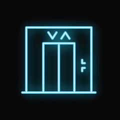Blue neon sign in the shape of an elevator with its doors opening