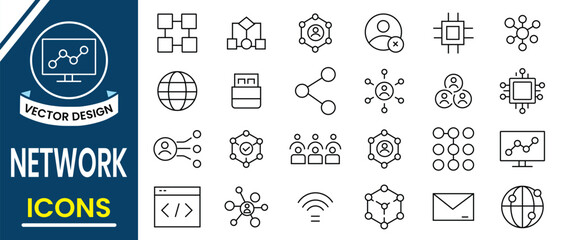 Network icon set. Network related thin line icons for website, communication, technology, broadband, marketing, internet, data, cloud, team, logo, app, template, ui, etc. Vector illustration.