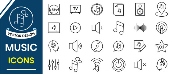 Music icon set. Musical instrument line icon vector set. Music related line icon, music note, musical instrument, speaker, DVD, TV, guitar, keyboard, violin, drum, trumpet. Vector illustration.