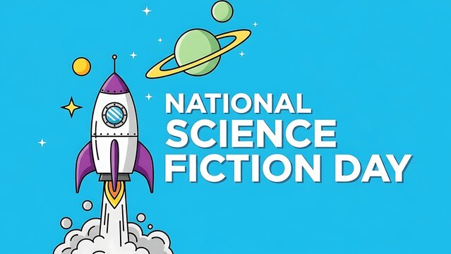 National science fiction day rocket launch with planets and stars