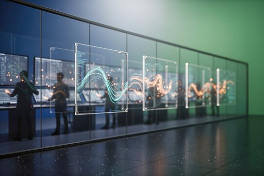 A futuristic control room with people interacting with holographic displays showing data waves, set against a sleek glass-walled environment with blue and green lighting.