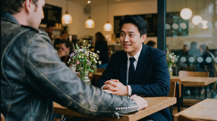 Men chatting at a cafe table during a speed dating evening, the idea of romantic encounters and dating