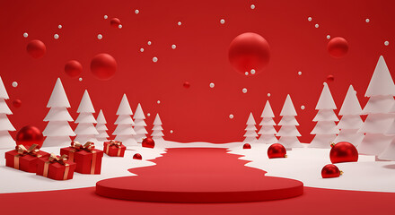 Christmas scene with white trees and red decorations on red background