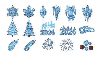 Fototapeta premium Winter Holiday Icon Set: A vibrant collection of winter-themed icons, featuring a variety of holiday symbols, including snowflakes, crystal ornaments, and fireworks.