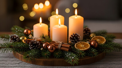 Advent candles with pine branches, cinnamon, orange slices and christmas decorations