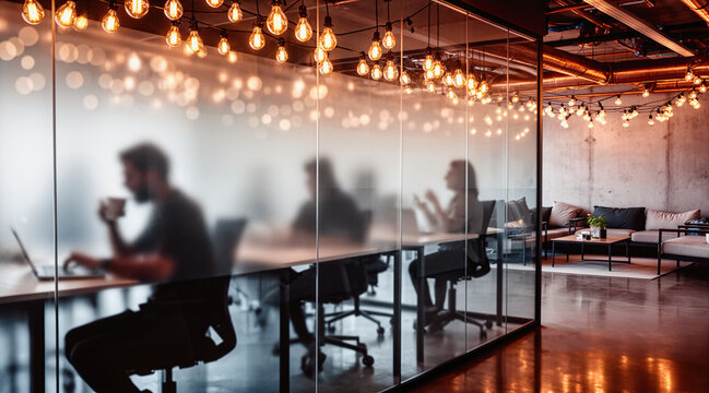 Silhouettes of people working in a modern office with glass partitions and warm string lights, captured as a photo.