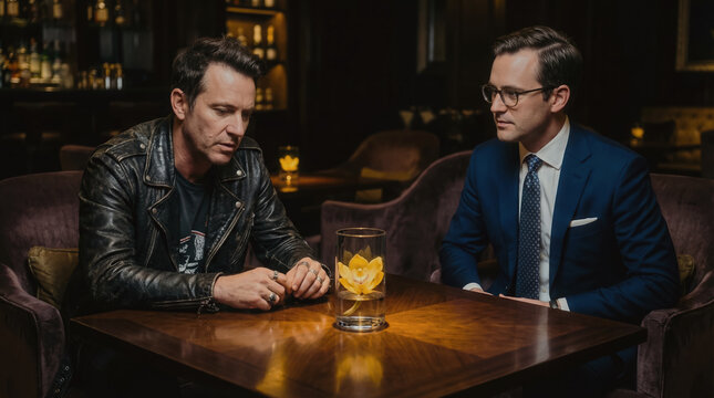 Two men on a date or romantic encounter in a vintage cafe, a concept for offline speed dating, a rocker and a businessman on a date - Powered by Adobe