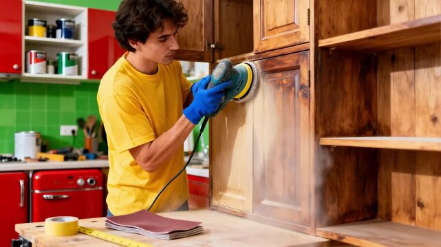 Medium shot of a person sanding cabinets before applying colored lacquer emphasizing preparation steps in a colorful kitchen makeover.