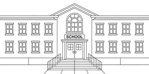A black and white line drawing of a school building with many windows and steps