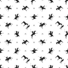 Seamless pattern with polo players on horseback and horseshoe symbols