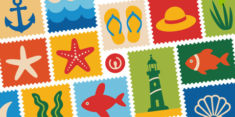 Collection of summer themed icons arranged as postage stamps illustration