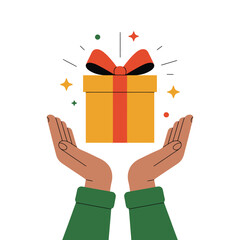 Hands gently hold a glowing gift box with a red ribbon and bow.