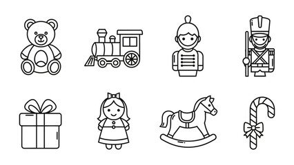 Joyful Toys Illustration: A delightful ensemble of classic toys, meticulously illustrated in a monochromatic style. Capturing the simplicity and charm of childhood favorites.