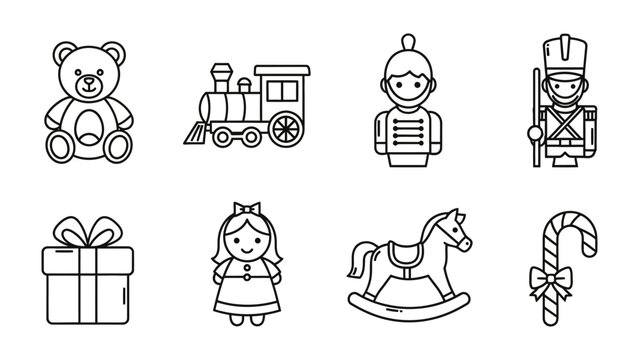 Joyful Toys Illustration: A delightful ensemble of classic toys, meticulously illustrated in a monochromatic style. Capturing the simplicity and charm of childhood favorites.