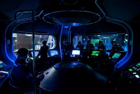 Inside a futuristic spacecraft command center with team collaboration and digital screens innovation