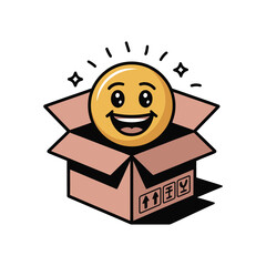 A cheerful emoji pops out of a cardboard box, symbolizing a happy delivery.