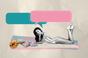 Photo collage trend sketch artwork of young woman attractive picnic sand fruit pillow text note texting dialog cloud email speech bubble