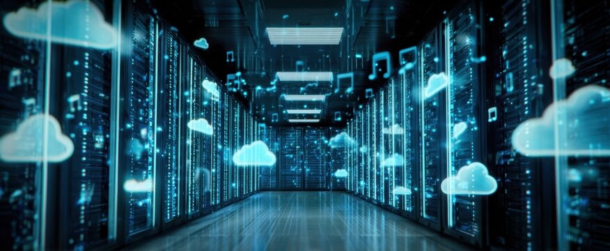 The Data Center with Futuristic Cloud Computing Visualization and Digital Network Connectivity - Powered by Adobe