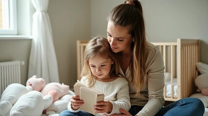 Happy young mother and her daughter reading a book together in a cozy nursery room, surrounded by plush toys. Tender family bonding and quality time on a sunny morning. - Powered by Adobe