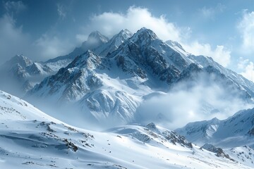 Snow covered mountain range under a cloudy sky, winter landscape with dramatic peaks